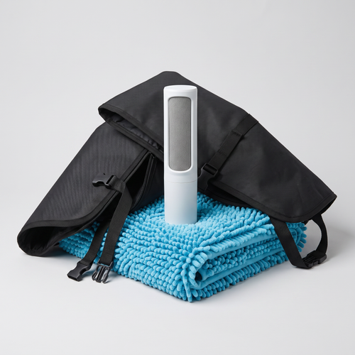 Kit Aventura CochePatas: cepillo quitapelos, protector de asiento y toalla para perros