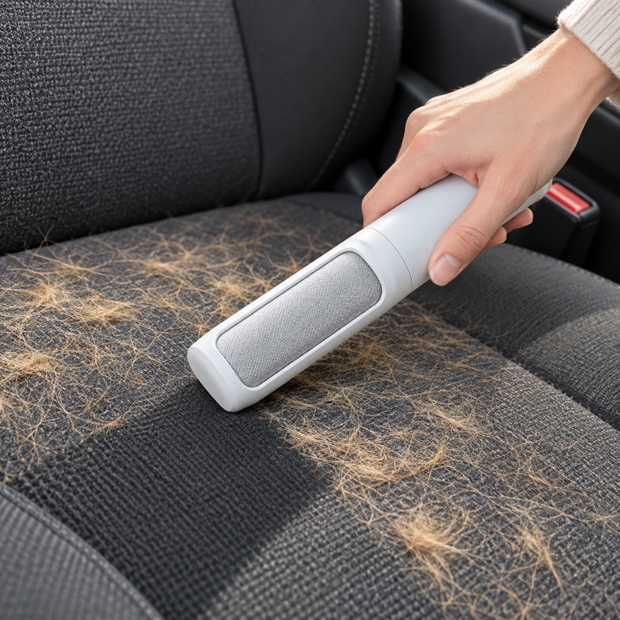 Cepillo CochePatas retirando pelo de la tapicería del coche