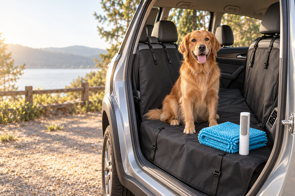 Perro sentado sobre el protector CochePatas con toalla y cepillo junto al coche
